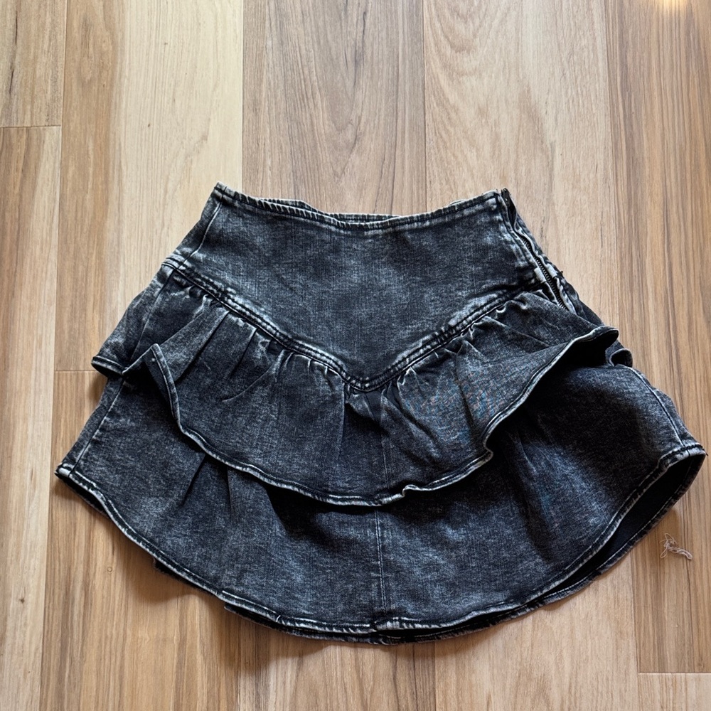 SO Black Washed Ruffle Denim Mini Skirt